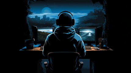Silhouette of a programmer coding on a screen in dark blue and grey, evoking a tech atmosphere
