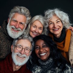 A joyful group of five seniors, including three men and two women, sharing warm smiles and laughter in cozy sweaters.