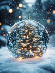 Wall Mural - Christmas tree in glass ball on snow. Glitter lights