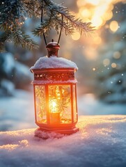 Wall Mural - christmas lantern on snow with fir branch in the sunlight. winter decoration background
