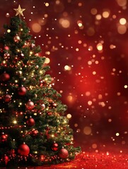 Wall Mural - christmas tree with ornament and bokeh lights in red background