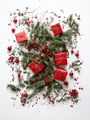 Wall Mural - creative frame made of christmas fir branches, gift boxes, red decoration, sparkles and confetti on 