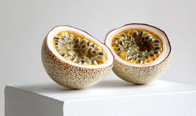 Canvas Print - Two Halves Of A Passion Fruit Showcasing Its Seeds