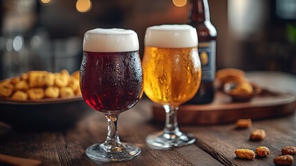 Wall Mural - Two glasses of beer, one dark and one light, with snacks on a wooden table.