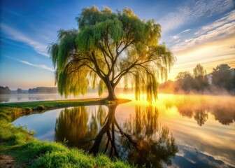 Poster - Willow Tree Reflecting in Lake at Dawn With Morning Fog Creating a Serene Atmosphere. Generative AI