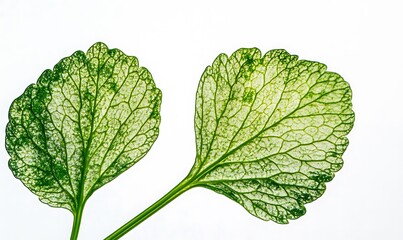 Wall Mural - Two Green Leaves Showcasing Intricate Vein Structure