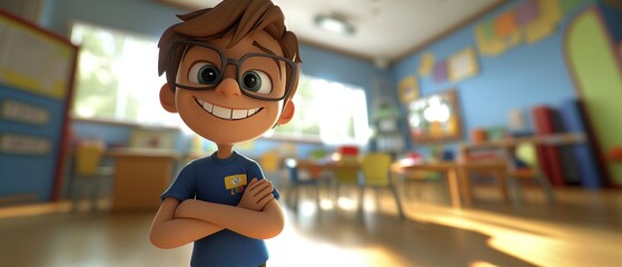 A cartoon boy with glasses is standing in a classroom