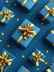 Wall Mural - Generative ai illustration of blue gifts with golden bows and ribbons on blue background with stars - ideal for festive themes, holiday cards, and celebration designs