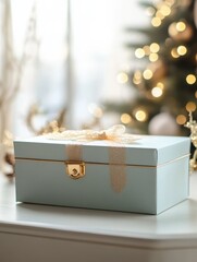 Wall Mural - gift box on table with blur Christmas tree and golden festive bokeh light background for special holiday