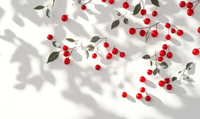 Wall Mural - Red Berries and Green Leaves Scattered on White Background