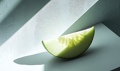 Wall Mural - A single slice of green melon rests on a white surface