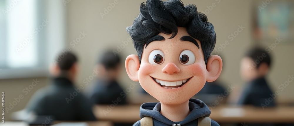 A cartoon boy with a big smile on his face is standing in front of a ...