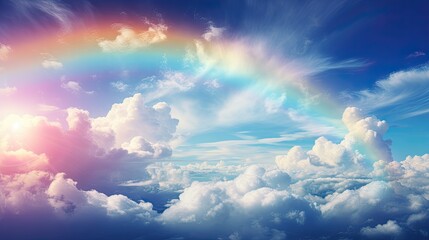 Wall Mural - A bright rainbow stretched across the sky after the passing spring rain.,