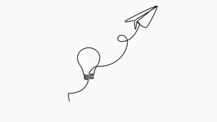 Wall Mural - Head with light bulb inside and flying paper plane animation. Creative idea process video. Animated business startup concept.