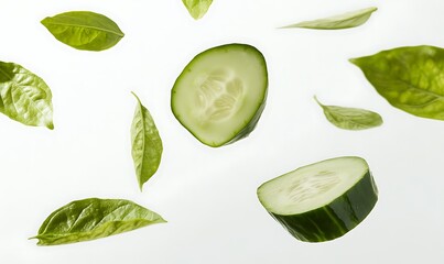 Wall Mural - Cucumber slices and basil leaves fall gracefully on white background