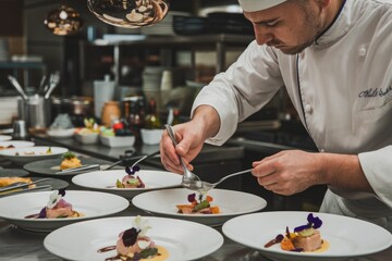 Wall Mural - Professional chef garnishing dishes in a commercial kitchen