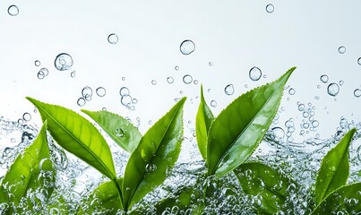 Wall Mural - Lush Green Tea Leaves Immersed In Sparkling Water