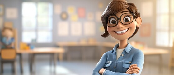 A cartoon girl with glasses is smiling and standing in front of a classroom