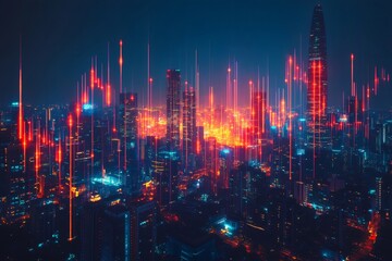 Poster - Glowing lines representing data flowing over shenzhen cityscape at night
