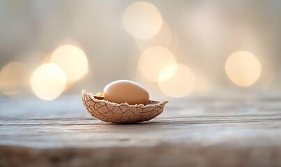 Wall Mural - A single egg rests inside a peanut shell on wood