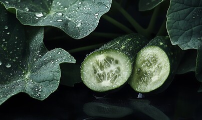 Poster - Dewy Green Leaves and Halved Cucumbers Resting on Dark Surface