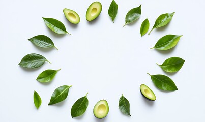 Poster - Avocado halves and leaves arranged in a circular frame