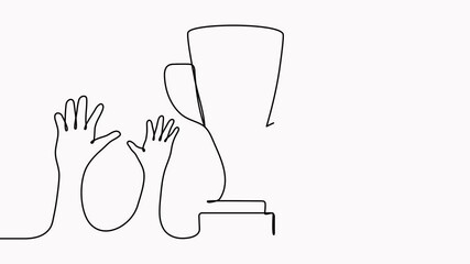 Wall Mural - Hands with trophy cup continuous line drawn animated video. Victory concept animation.