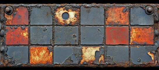 Wall Mural - A weathered, rusty panel with colorful tiles, showcasing textures and decay.