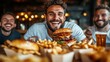 © svastix - A joyful group of friends happily enjoys a meal of cheeseburgers, fries, and beers, highlighting companionship, laughter, and the casual dining experience in vibrant settings.