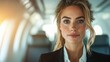 © svastix - An elegant woman dressed in formal business attire is seen in an airplane, exuding professionalism, sophistication, and determination during her travels.
