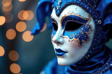 Wall Mural - Beautiful carnival mask blue with gold is left on blurred festive background