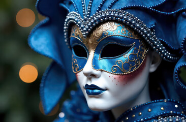 Wall Mural - Beautiful carnival mask blue with gold is left on blurred festive background