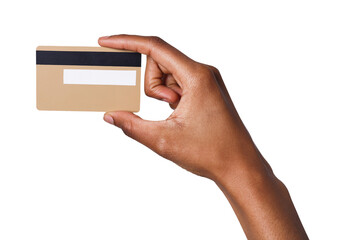 Wall Mural - Closeup of black female hand holding plastic credit card , woman showing blank business card on white isolated studio background, copy space, cutout