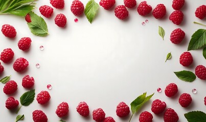 Wall Mural - Raspberries and Leaves Frame White Background