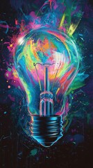 Wall Mural - Colorful lightbulb idea with abstract energy and vibrant paint streaks