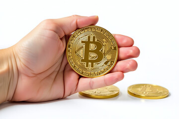 hold hand around golden bitcoin money white background finger isolated rest