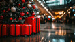 © britaseifert - A festive scene in an airport, featuring stacked red suitcases next to a decorated Christmas tree with red and silver ornaments