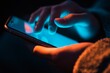 © Marina Demidiuk - Point finger on screen phone closeup, person testing test message, touch blue screen on smartphone. Night Bokeh Light. Close-UP. Person using in hands mobile phone close up in the dark. Online wi-fi