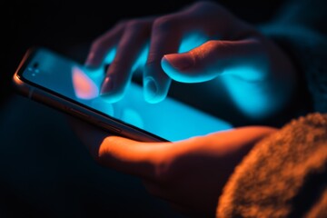 point finger on screen phone closeup, person testing test message, touch blue screen on smartphone. 