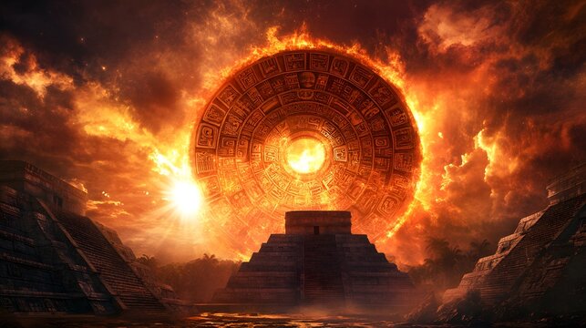 Mayan Calendar engulfed in flames above ancient pyramids