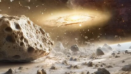 Wall Mural - asteroid approaching a planet with spiral galaxy in the background