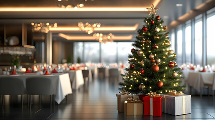 Wall Mural - Decorated Christmas tree with gifts inside a restaurant kitchen.