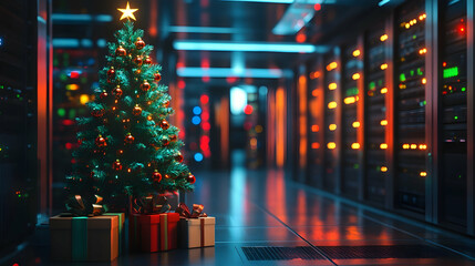 Wall Mural - Decorated Christmas tree with gifts inside a server room. Concept of Christmas celebration in the IT industry.