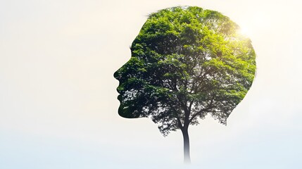 Wall Mural -  Double exposure of a man's head with a green tree, with the concept international environment day, climate change in the background