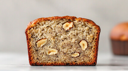   A close-up photo of a slice of bread topped with nuts, with a cupcake visible in the background