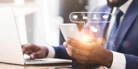 Poster - Web marketing specialist with mobile phone and laptop creating engaging social media content to promote brand, collage with free space. SMM manager researching target audience