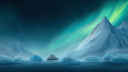 Wall Mural -   Boat surrounded by icebergs with iceberg featuring aurora light