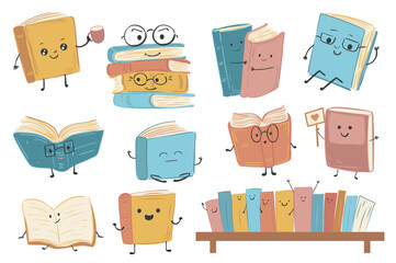 Aufkleber - Cute book characters set elements in flat graphic design. Collection of funny books with smiling faces wear glasses, hold cup, hug, love, read, stack of textbooks, stand on shelf. Vector illustration.
