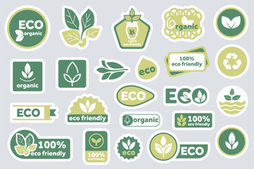 Aufkleber - Eco friendly stickers set elements in flat graphic design. Collection of green ecologic labels for food packaging with bio, organic, natural words, recycle and leaf sign, other. Vector illustration.