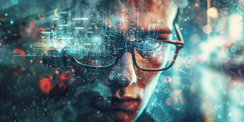 Person Wearing Glasses with Overlaid Digital Cityscape and Data